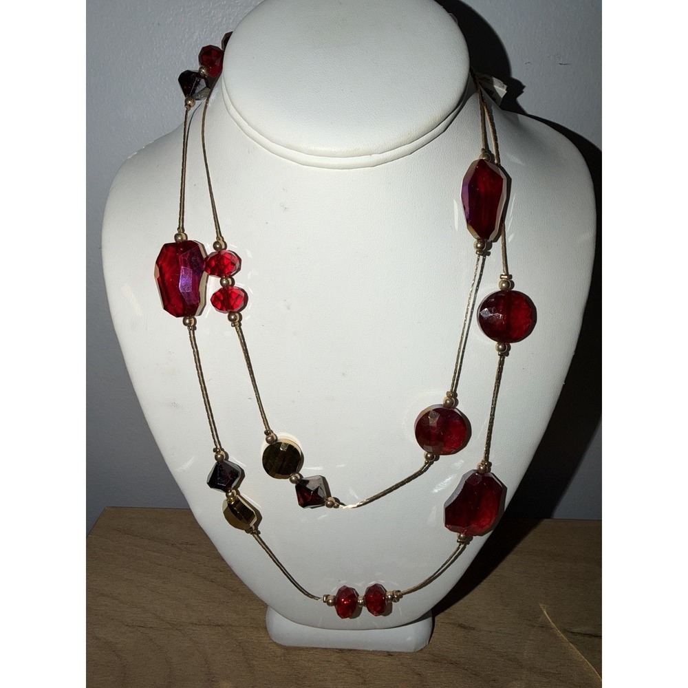 Vintage Single Strand Red Glass Beads Crystal Necklace Long 40" Wrap